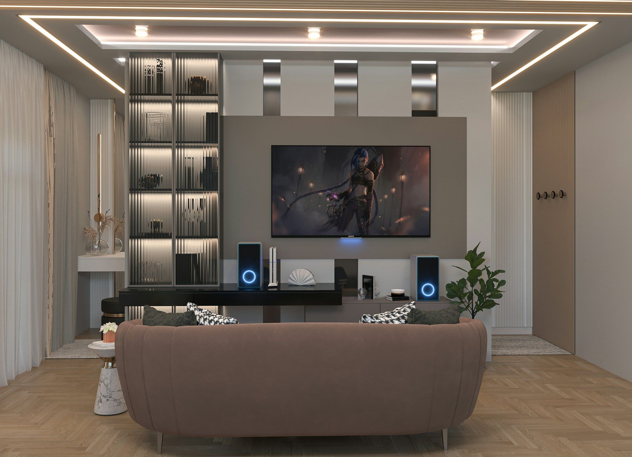 Painel de TV com estante iluminada e tecto rebaixado com fita LED