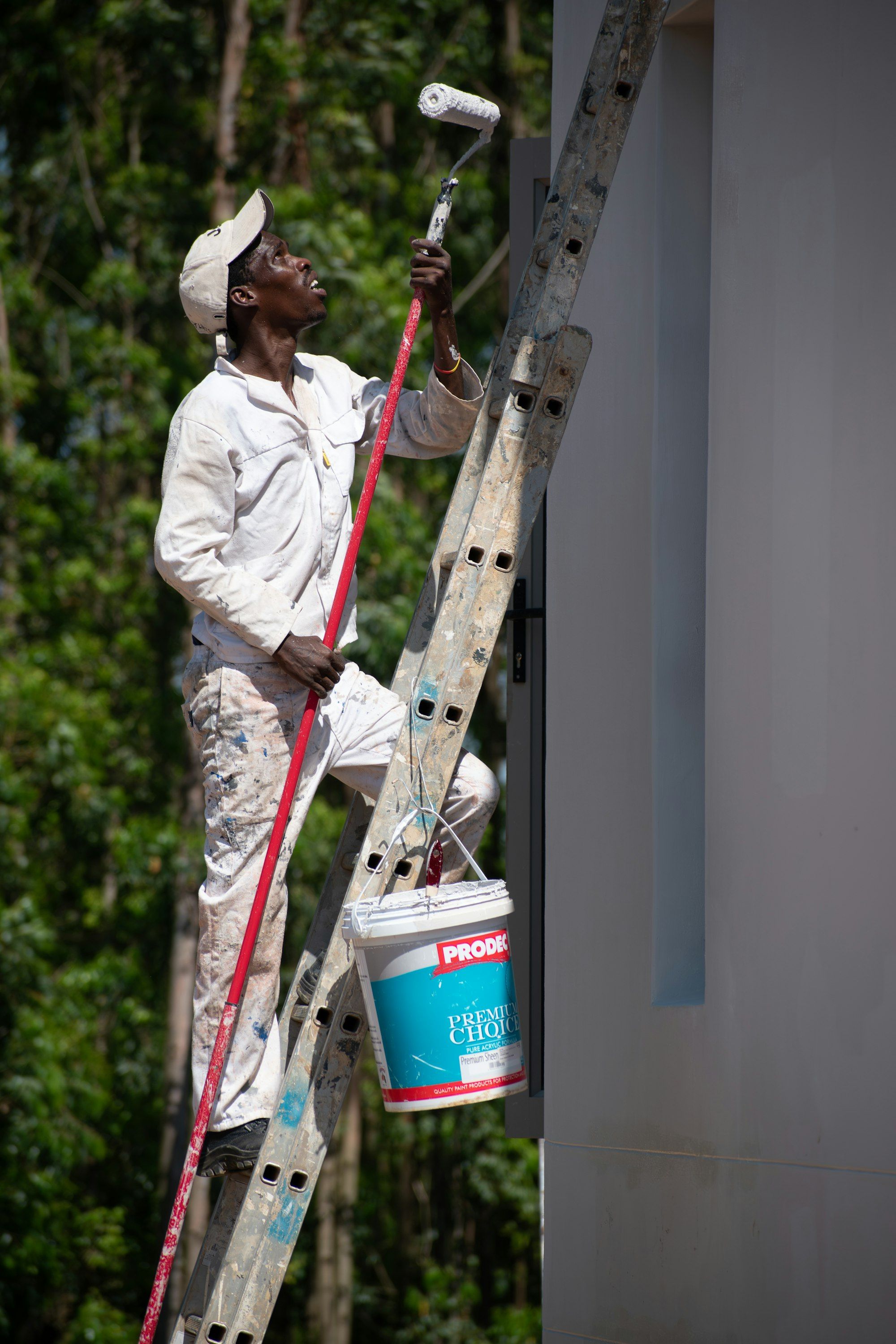 Pintor num escadote com balde de tinta a pintar uma parede